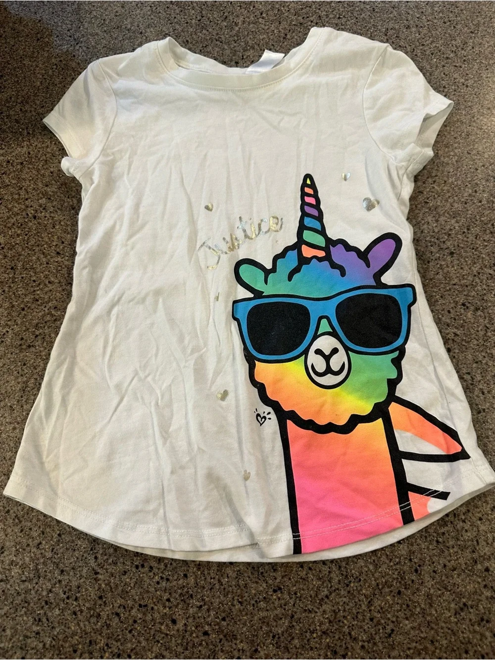 Justice White Tee with Rainbow Unicorn-Llama Graphic